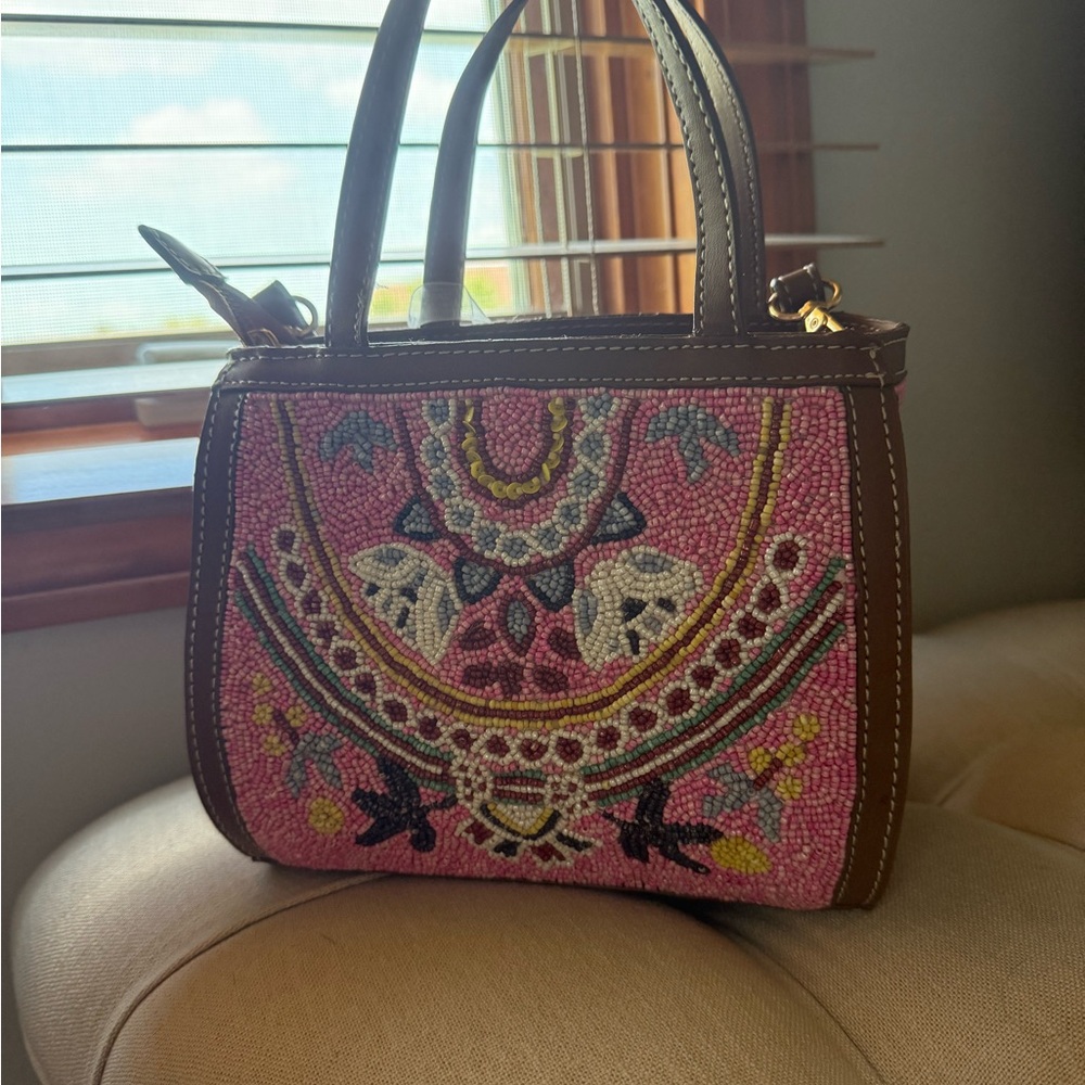Embroidered Pink and Brown Handbag